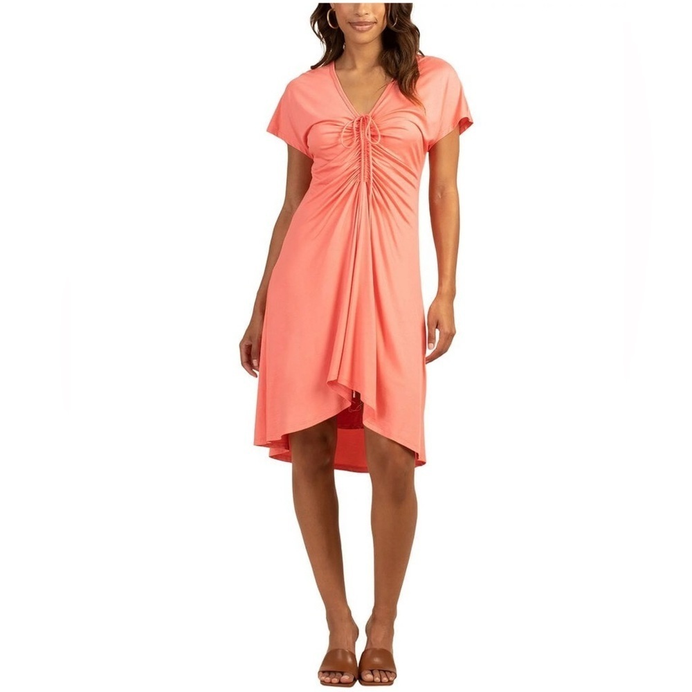 Trina Turk NWOT Gem Midi Ruched V-Neck Dress, Size XL, Coral